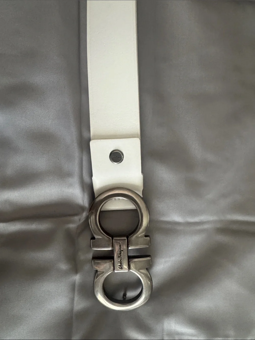 Salvatore Ferragamo White Leather Belt with Gunmetal Double-Gancini Buckle